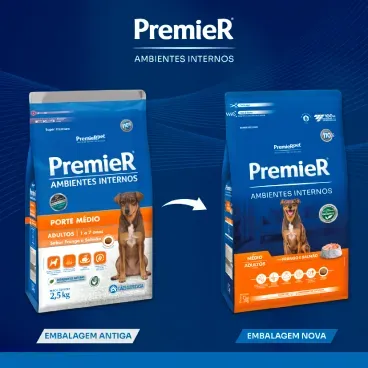 Nova embalagem Racao Premier Ambientes Internos Caes Adultos Porte Medio Frango e Salmao 12kg